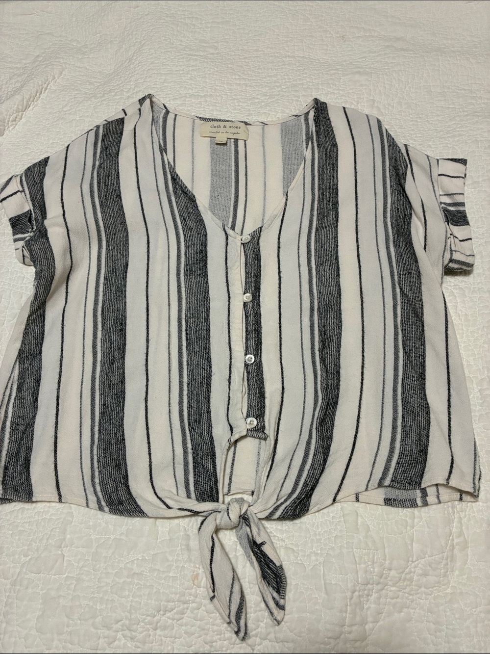 cloth & stone Black and White Striped Tie-Front Button Top